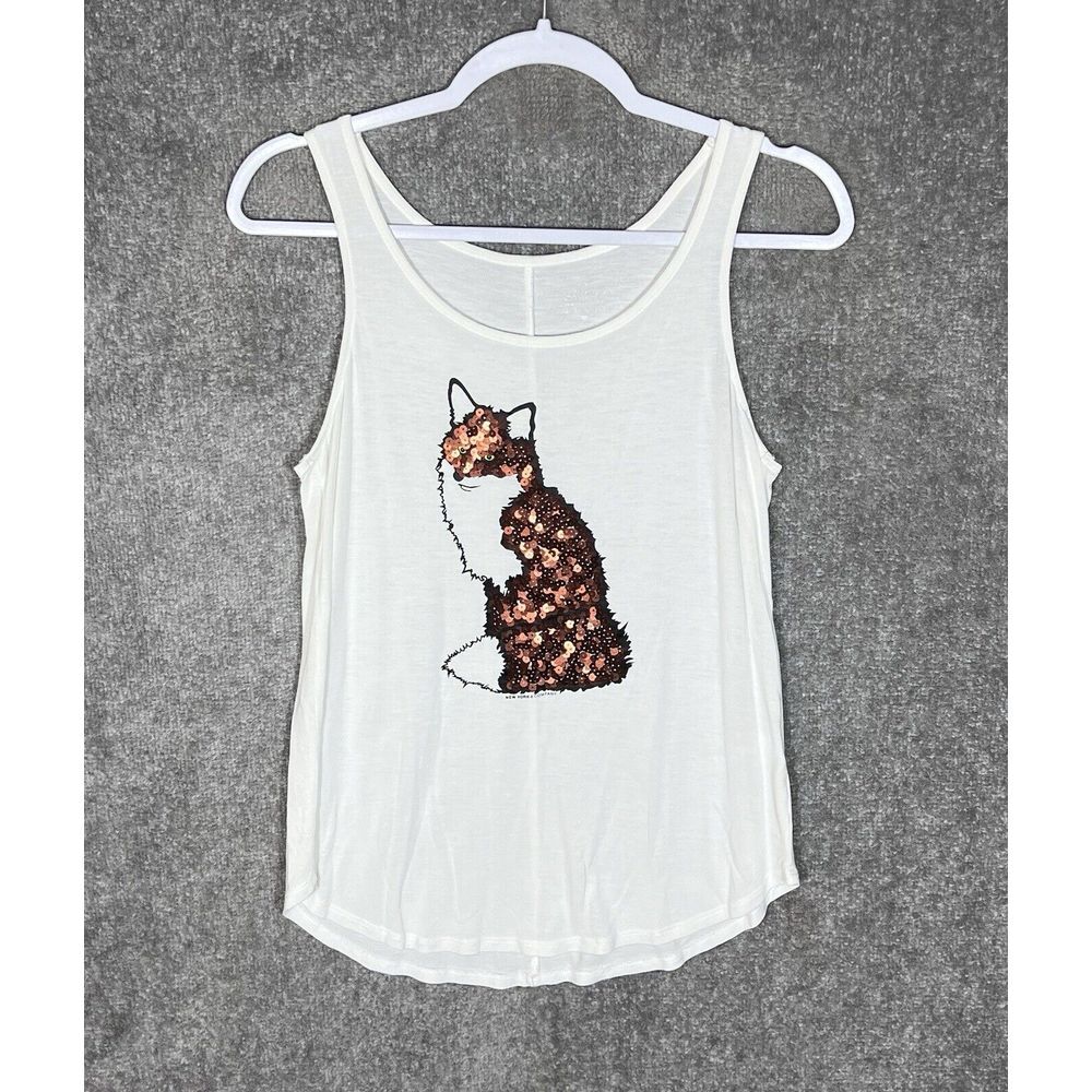 SOHO Tank Top Womens‎ Size XS White Brown Sequin FOX Rayon Tunic